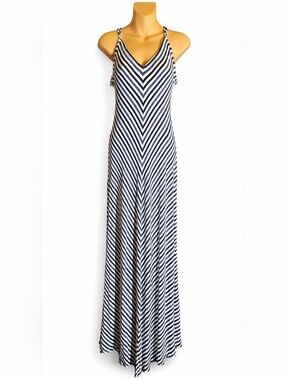 Title TruHearts Maxi Dress M Blue White Striped Chevron V Neck Adjustable Strap